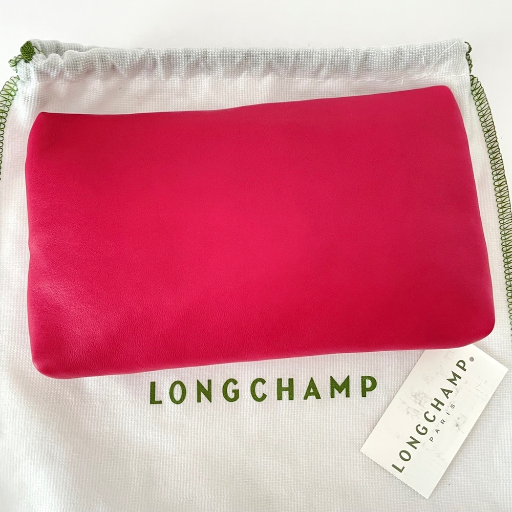 Longchamp Le Pliage Cuir Pouch Candy PINK lambskin leather Made in France - Picture 5 of 12